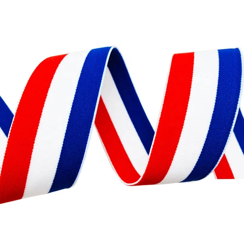 High Quality Stock Red White Blue Garment Accessory Stripe Elastic Band Custom Logo Woven Nylon Elastic Webbing Band For Clothes