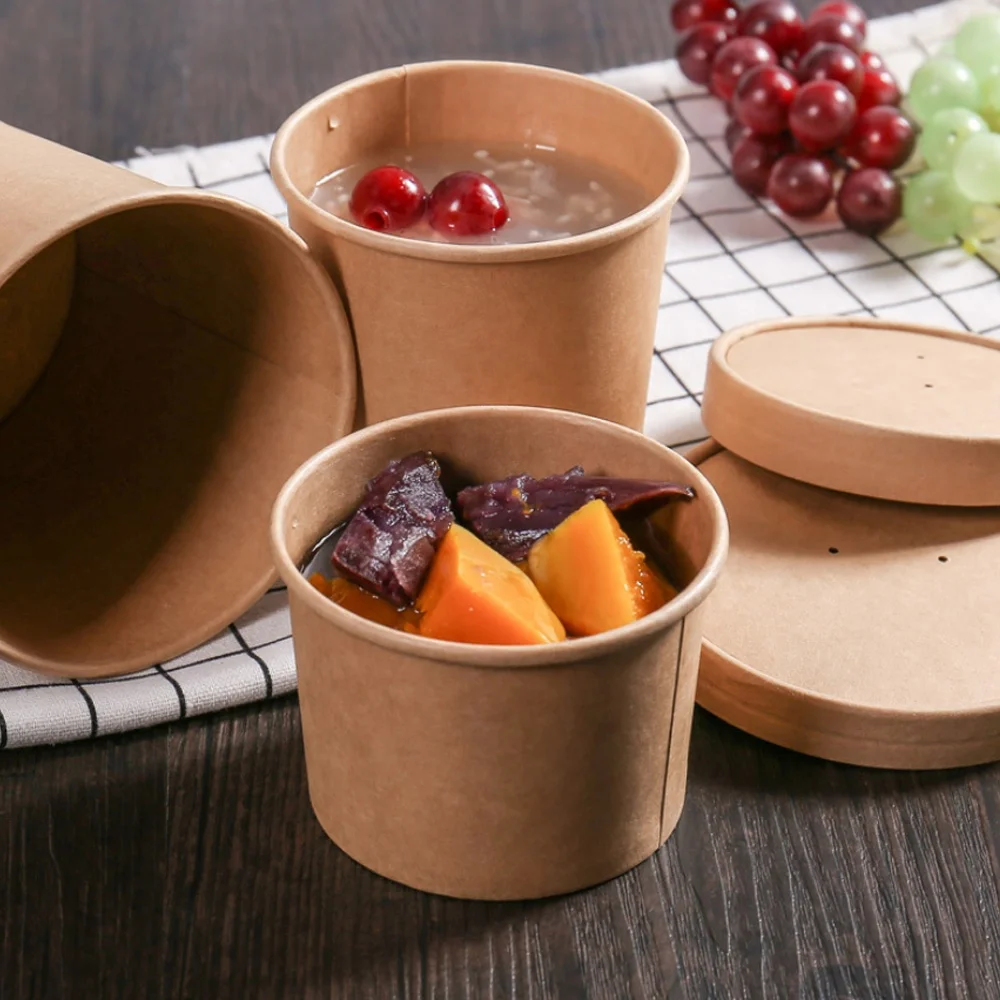 Custom disposable round Salad hot soup bowls food packing take away brown kraft paper soup cup with paper Lid