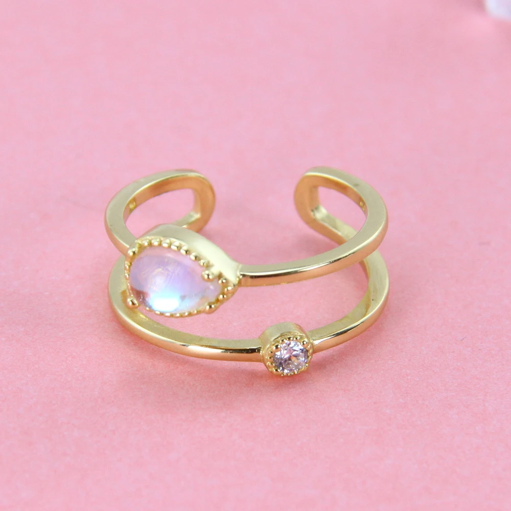 Delicate 14k Solid Gold Plated Jewelry Anillos De Moda 925 Sterling Silver Jewelry Moonstone Ring