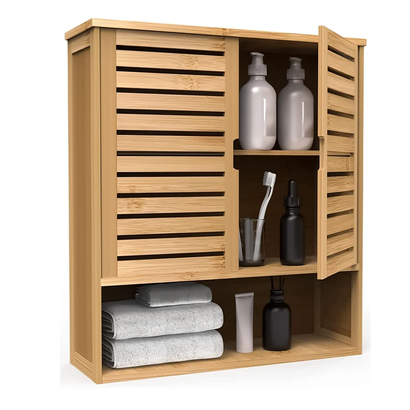 Bathroom Wall Cabinet Bamboo Wooden Wall Mount Medicine Cabinet Storage Organize Double Doors & 3 Tier Adjustable Shelf