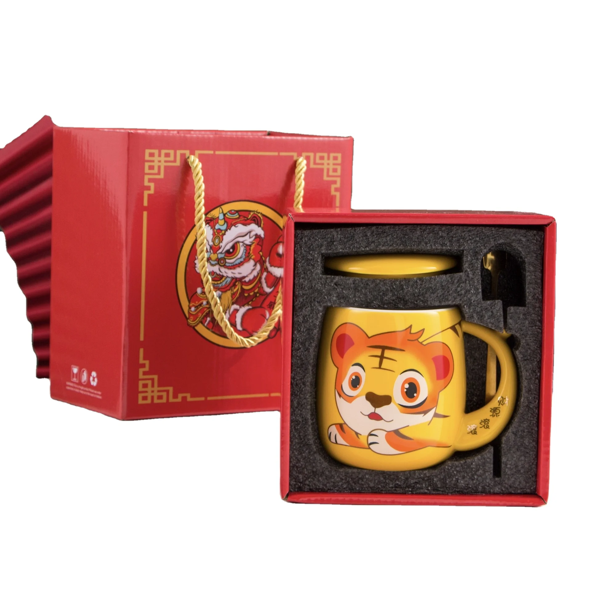 customized 2022 chinese new year tigers decoration 3d creative cute ceramic coffee mug cup gift set