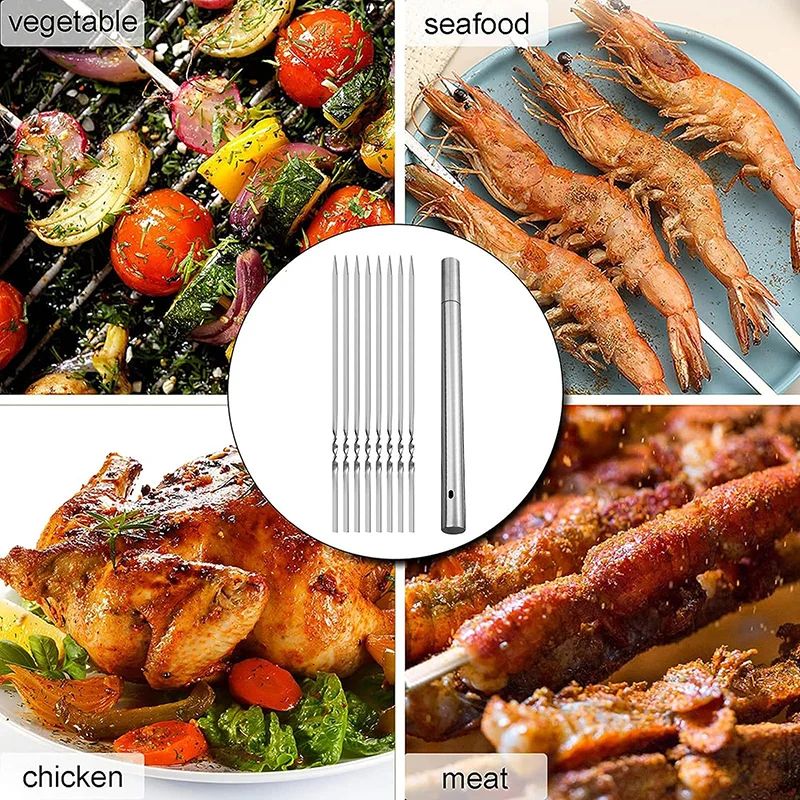 Stainless Steel Metal Flat BBQ Grill Kebab Skewers Shish Kabob Grill Skewers with Portable Metal Storage Tube