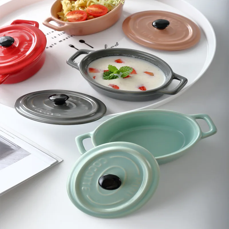 ZC Matte Japanese bowl stew cup with lid double ear Souffle roasting bowls for kitchen ceramic soup cup breakfast bowl ceramic