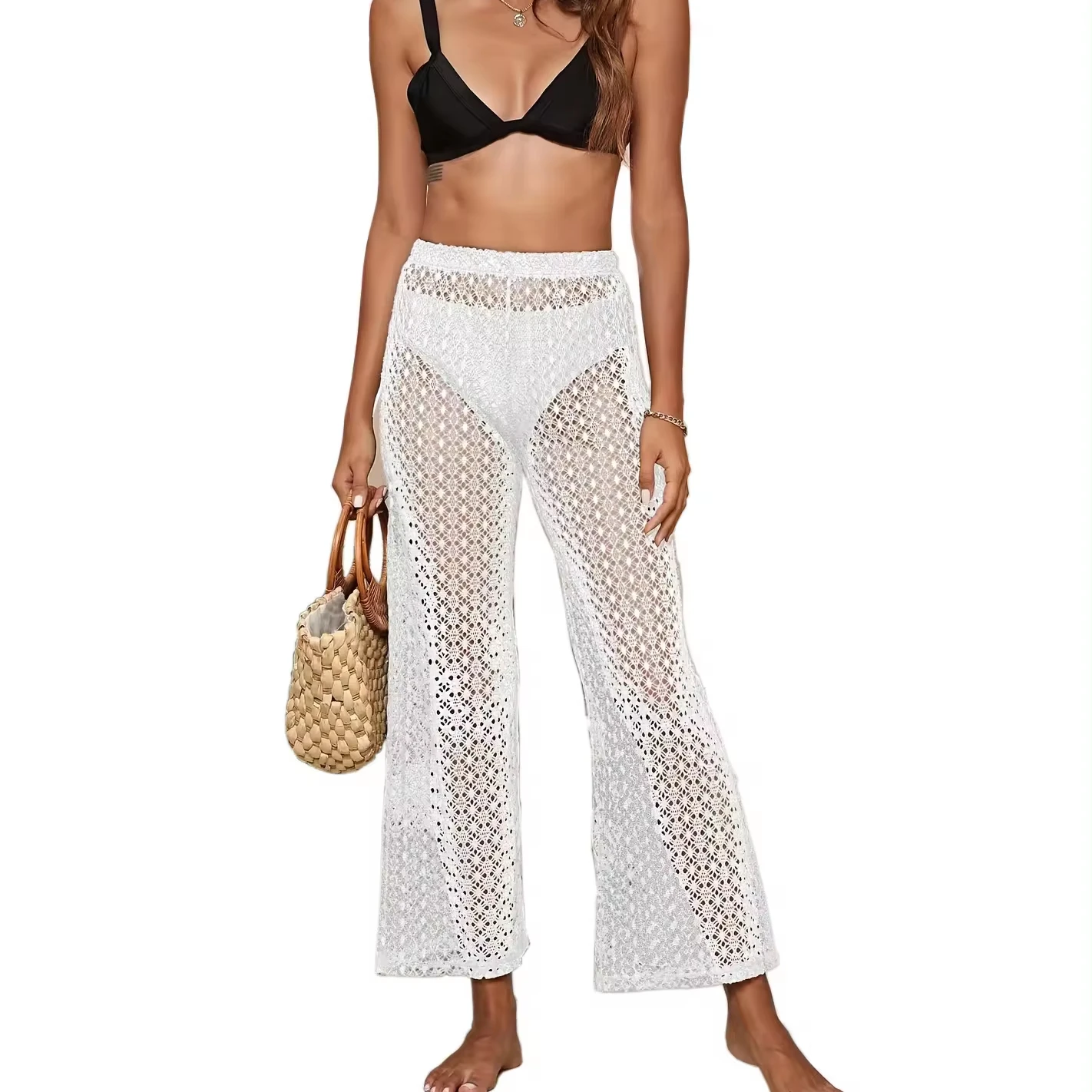 SUMMER WOMEN SEE THROUGH BOHO WIDE LEG HIGH WAIST TROUSERS BEACH LONG LOOSE MESH SHEER PANTS CROCHET HOLLOW OUT WOMEN PANTS