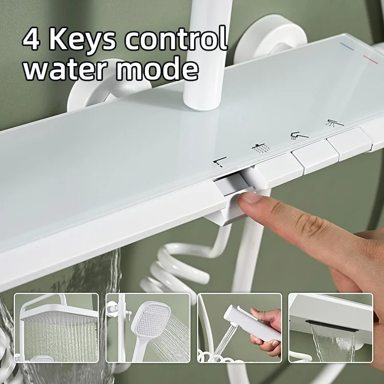 Kidolux Matt White Bathroom Wall Mounted Copper Piano 4 Key Faucet Shower Rainfall System Set Hot Cold 4 Function Tap Shower Set