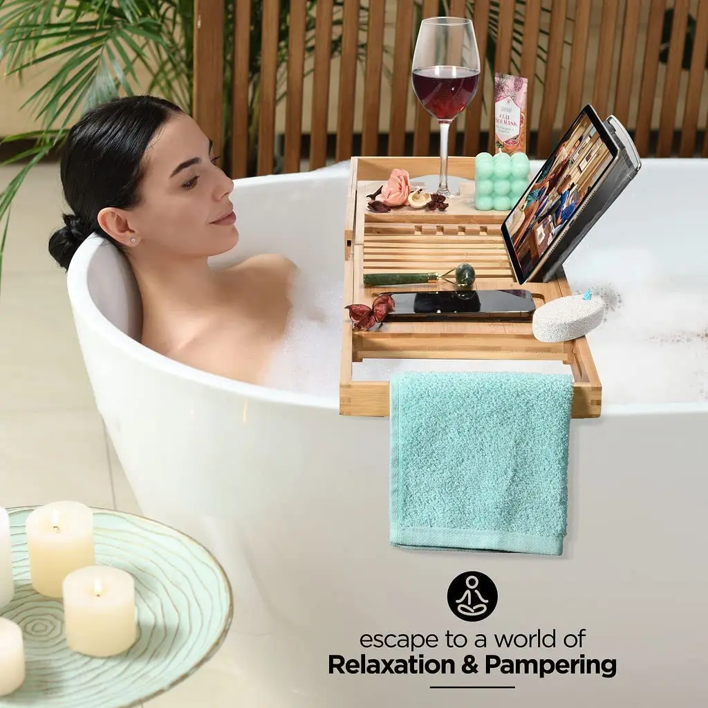 wholesale Adjustable Luxury Bamboo Wooden Bathroom Bath Tub Caddy Tray Bathtub Board Rack And Caddy With Extend Side