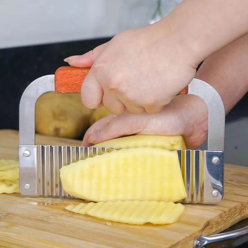 French Fry Slicer Stainless Steel Blade Wooden Handle Vegetable Salad Chopping Knife