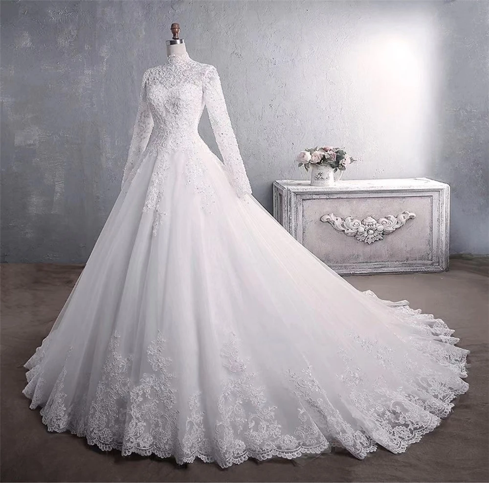 2021 newest style stand collar Muslim women wedding dress plus size lady bridal gown with