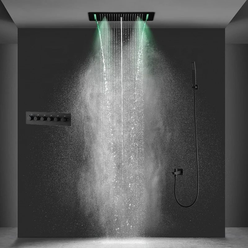 Bathroom Luxury Multi-function LED Large Size 380*700 mm Shower Head Matte Black Thermostatic Embedded Ceiling Shower Faucet Set