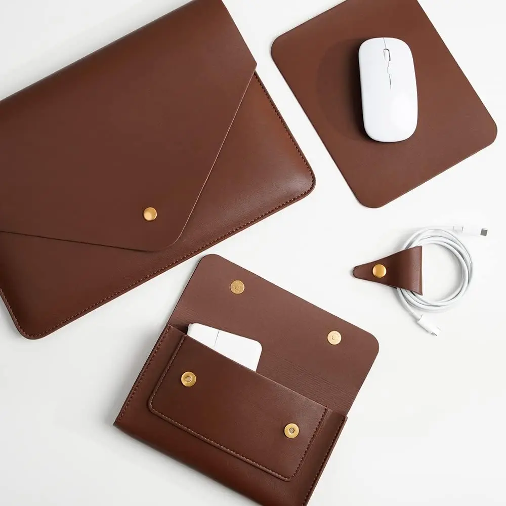 Laptop Sleeve for MacBook Air Pro 13 14 15 Inch 2023 M2 M4 Leather Bag 4 in 1 Pack With Mouse Pad Holder Pouch Genuine Leather