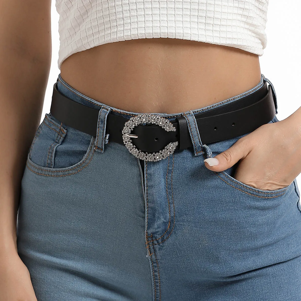 The New Listing Shiny Studded Crystal  Rhinestones PU Women Rhinestone Belt