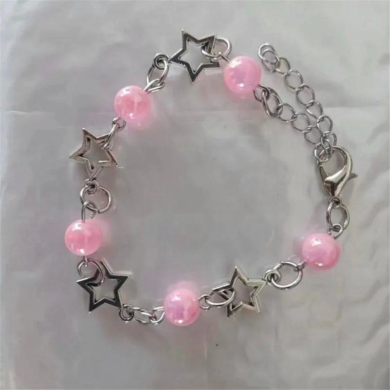 Rinhoo Harajuku Crystal Star Pentagram Pearl Beaded Bracelet for Women Vintage Aesthetic Charm Chain Bracelet Jewelry Gifts