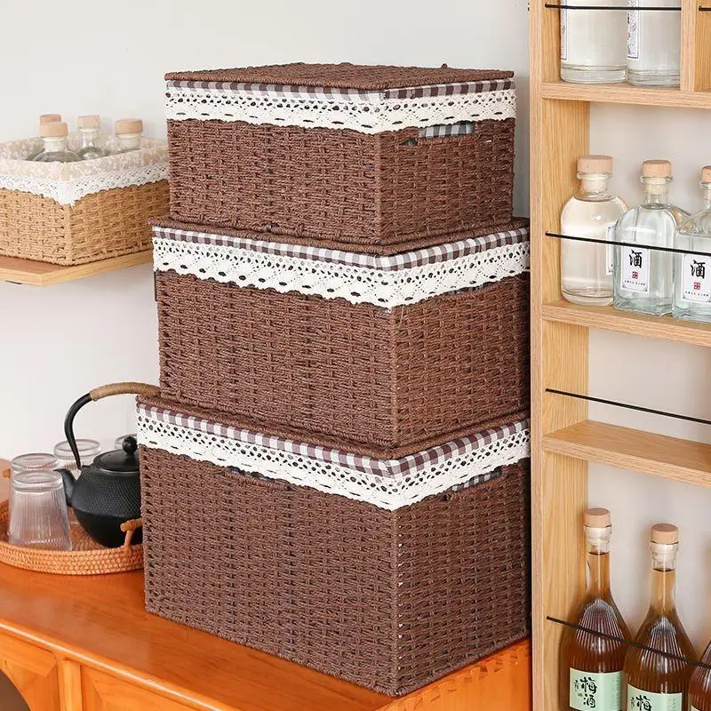 Home Decor Wicker Storage Basket Set Paper Rope Baskets for Organizing Shelves Closet Hand Woven Boho Decorative Storage Bins