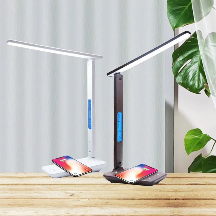 Eye Protect Read LCD USB Port Fast 10W QI Wireless Charging Clock Calendar LED Light Desk Table Lamp