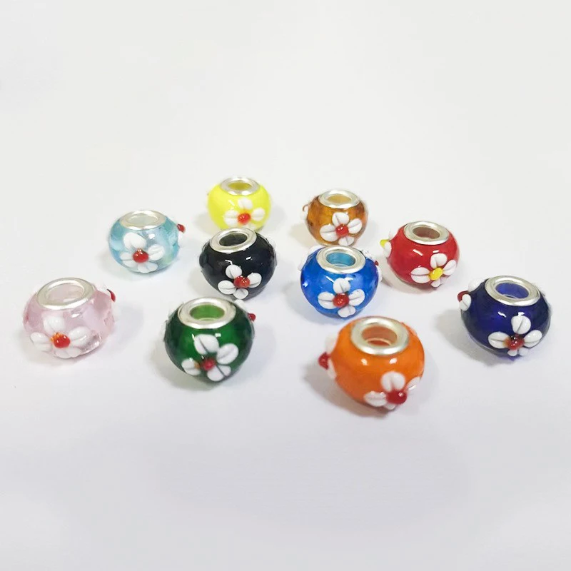 Lampwork Large Hole Silver Foil 12mm Glass Loose Beads DIY Jewelry with Mixed Color Glass Inner Flower Beads