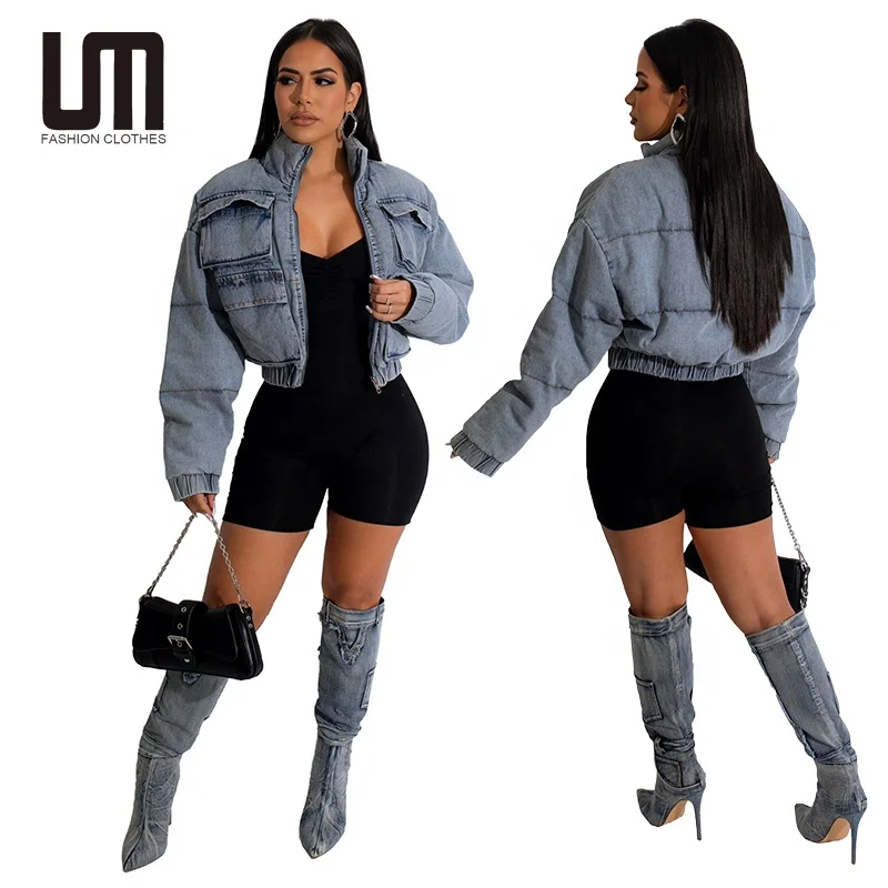 Liu Ming Wholesale Autumn Winter 2024 New Arrivals Sexy Elegant Women Stylish Pocket Denim Padded Jacket Casual Puffer Coat
