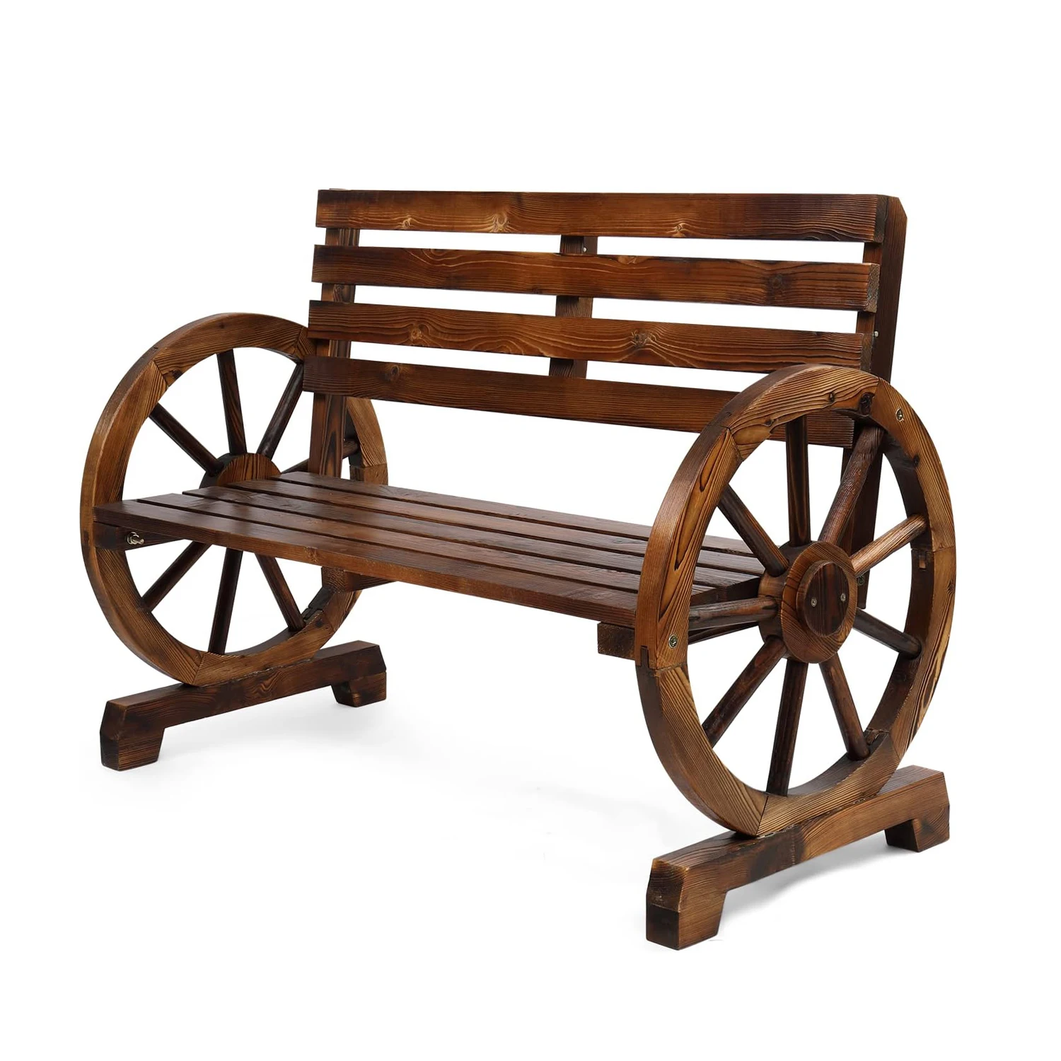 Rustic Wooden Wheel Outdoor Bench 2-Person Patio Garden Bench