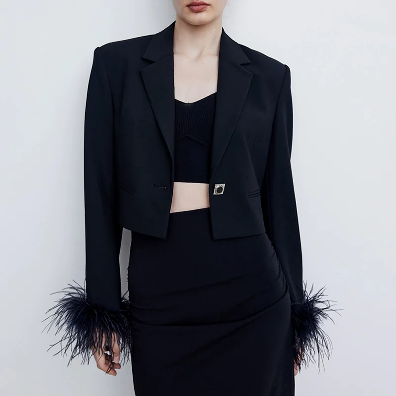 2023 Elegant Short Style Fashion Jacket Women Blazers with Ostrich Feather Cuffs