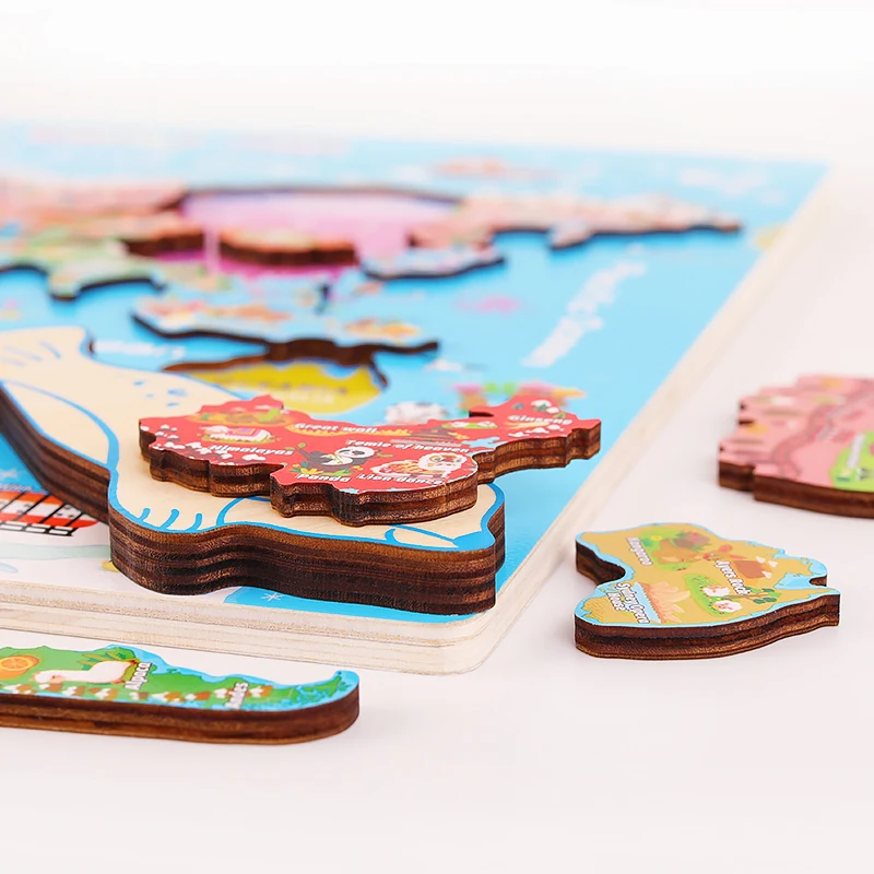 2024 Best Selling Wood 3D Megnet World Map Puzzle Early Educational Geography Cognition Toys For Children Kids Gifts Boys Girls