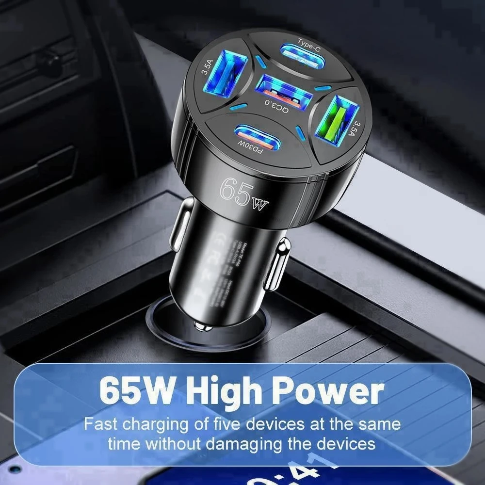 65W USB Car Charger Fast Charging 5 Ports PD Type C Car Phone Charger Adapters For Phone Xiaomi Samsung Quick Charger In Car