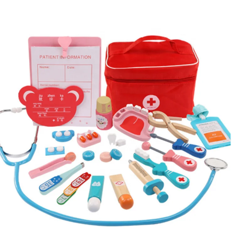 Toys for Children Girl Boy Kids Pretend Play Wood Doctor Toys Red Medical Kit Dentist Medicine Box Sets Cloth Bag Packing Games