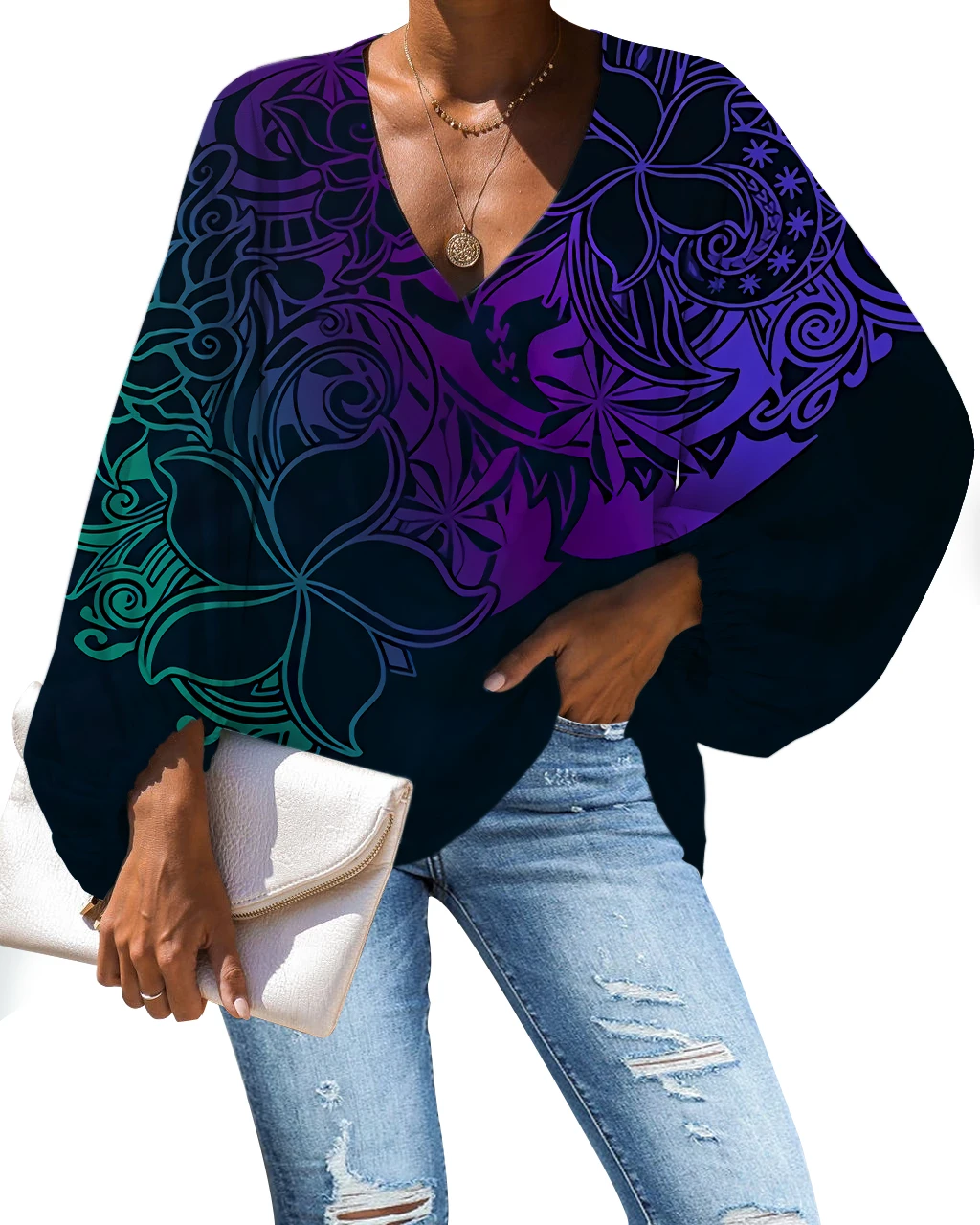 Hot Selling Polynesian Green Blouse With Golden Tribal Tattoo Print Big Size Casual Chiffon Tops Fall Lantern Sleeve Lady Shirts