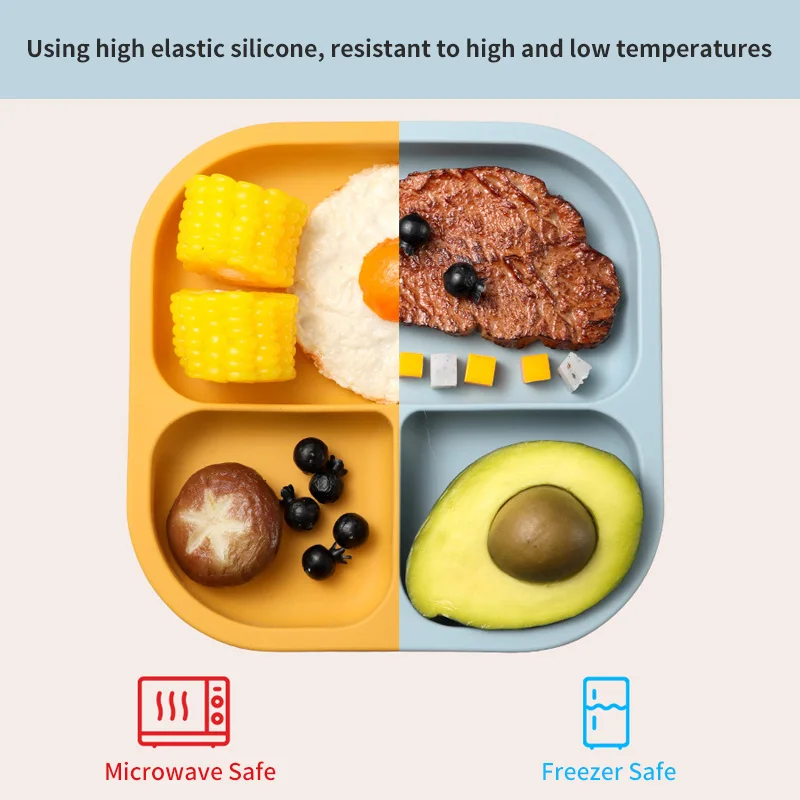 3pcs BPA-Free Microwave-Safe Silicone Baby Feeding Set Wooden Handle Spoon Fork Divided Design Suction Plate Toddler Dining Kit