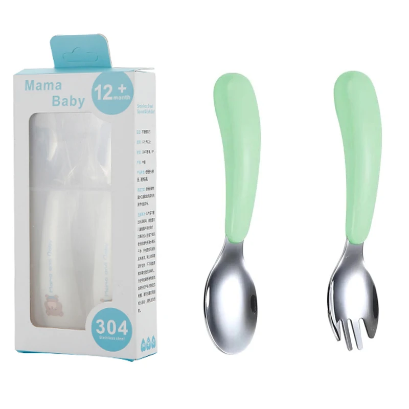 Wholesale 304 stainless steel silver cutlery spoon cute cartoon baby feeding spoon fork plastic handle set