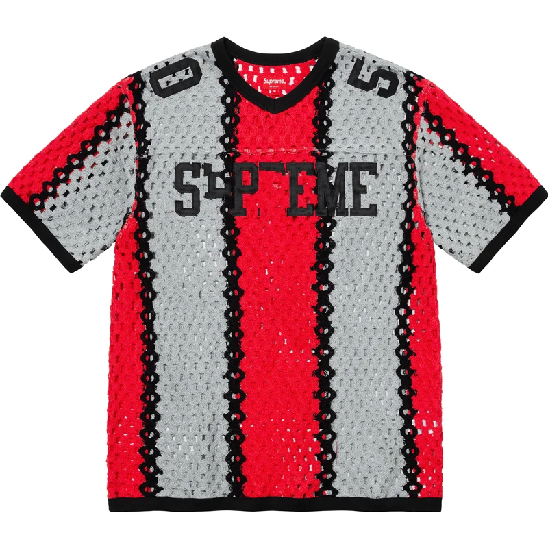 Custom Logo OEM ODM Knit Eyelet Mesh Sweater Short Sleeve Soccer Knitwear Street Fashion Crochet Football Jersey Men