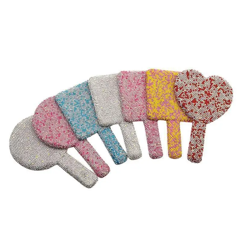 HMU Make Up Mirror Heart Shape Tools Handle Makeup Cosmetic Beauty Tools Handheld Crystal Diamond Makeup Mirror For Girls
