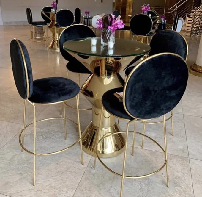 glass top gold stainless steel frame bar cocktail table for party