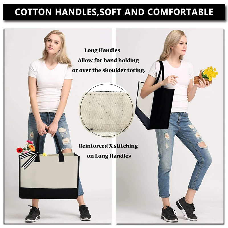 New Fashionable Multi Purpose Cream Color Women Handbags Cotton Shopping Beach Bag Two-tone Canvas Tote Bag Wit Black Handles