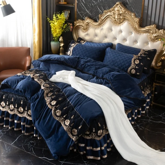 New AMZ Hot Luxury Bed Skirt Sets Queen King Size Crystal Velvet Lace Bed Skirt Milk Velvet Polyester&Cotton Bed Skirt Set 4Pcs