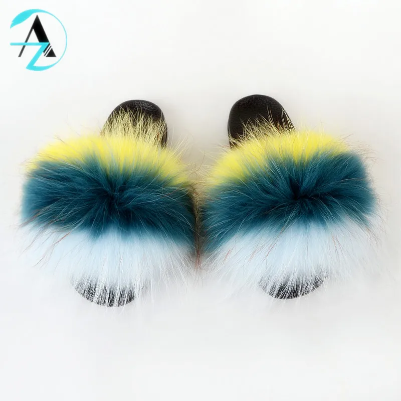 
Best Selling Comfort Fluffy Full Coverage Bedroom Fur Raccoon Slippers Soft Real Fox Fur Furry Slides For Women 