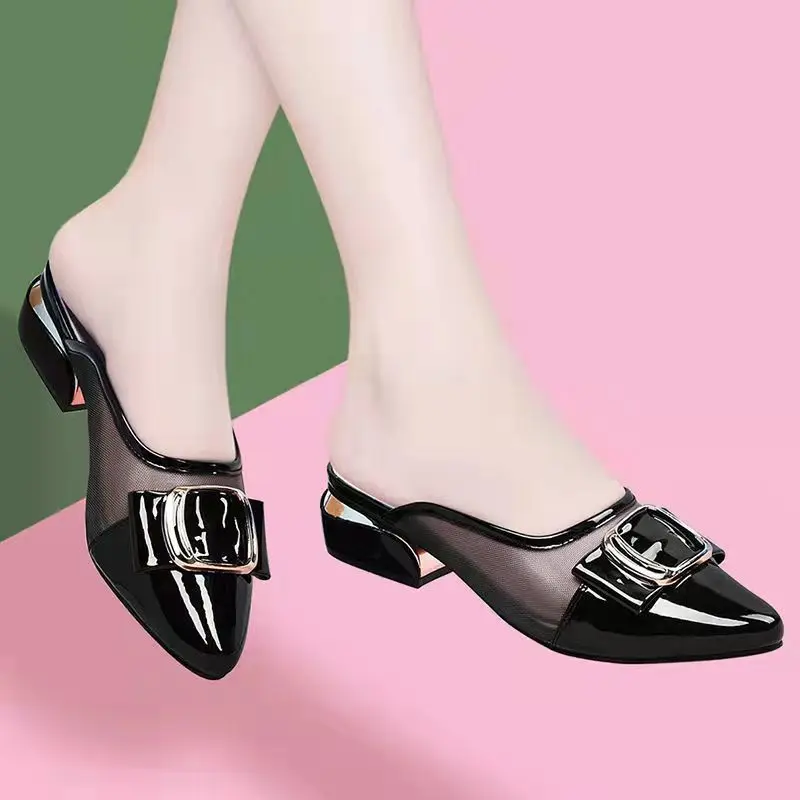 patent leather Half slipper toe shoes slides comfort outdoor lady slippers summer flat sandals shoes wholesale