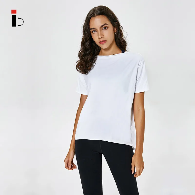 Частная этикетка, дышащая свободная футболка для фитнеса, предотвращающая случайный вырез