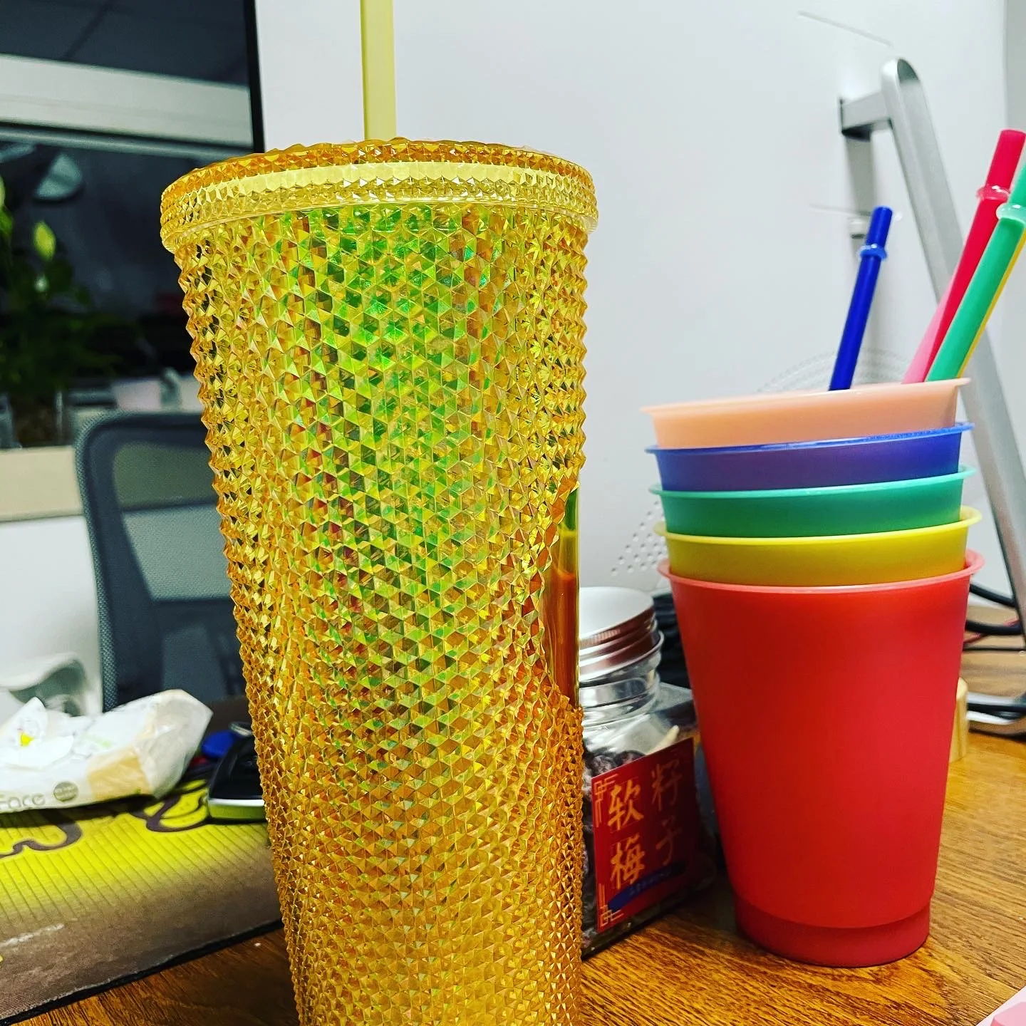 24oz color amazon hot sell durian shape diamond sparkling studded cold cups charms with straws