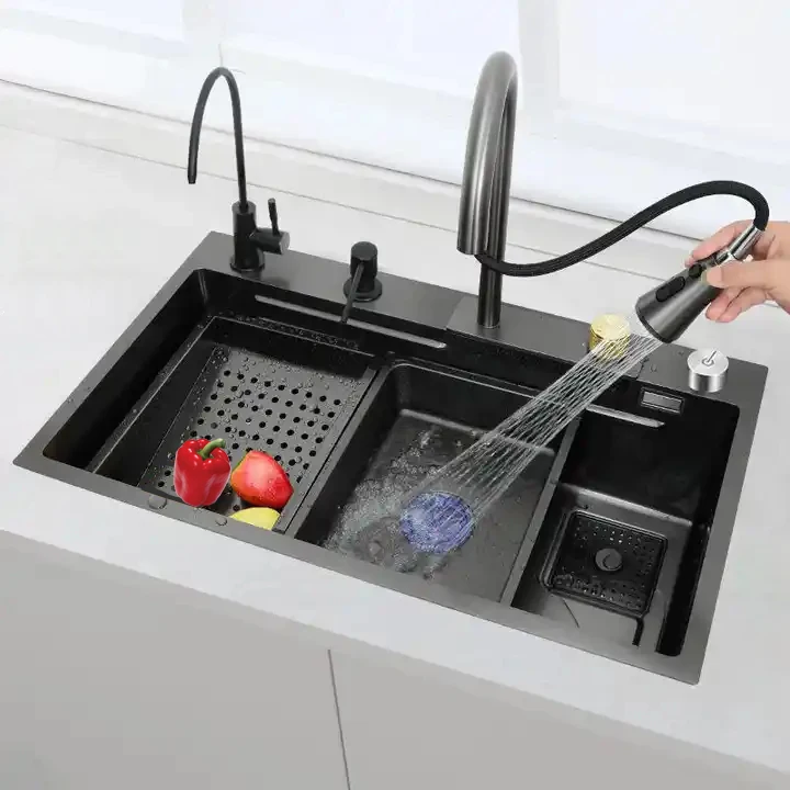 Complete Whole Set Waterfall Kitchen Sink Stainless Steel Sinks Big Single Bowl with Dish Rack Under Mount Sinks