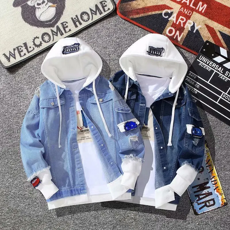 Dropshipping 2021 Autumn new design Faux two piece outdoor denim jacket hooded patchwork smart casual jackets for men