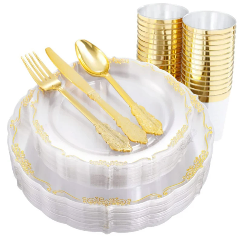 Party Disposable Tableware Plastic Cups Plates Disposable Dinnerware Set For Wedding Birthday Party Decoration