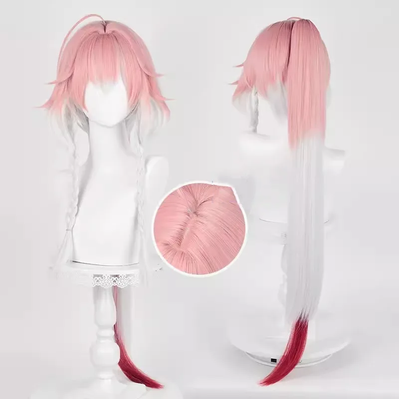 Wholesale Wuthering Waves Game Changli Wig 90cm Long Pink Silver Mixed Synthetic Hair Anime Cosplay Wig With One Ponytail