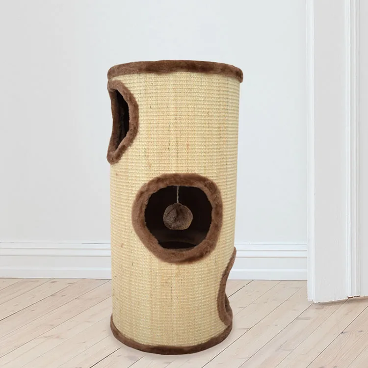 Wholesale New Sisal Game Cat Cave Plush Cat Scratching Post with three tunnel holes for all cats