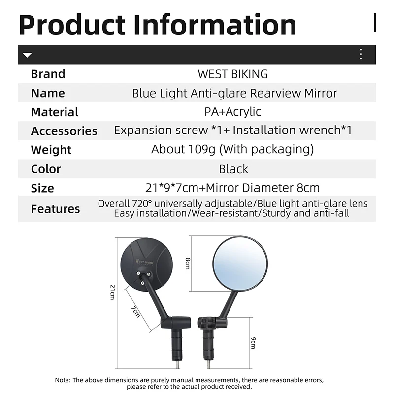 WEST BIKING Multi-angle Free Adjustment Bike Mirror Side Rearview Mirror BikeBicycle Safe Rearview Mirror