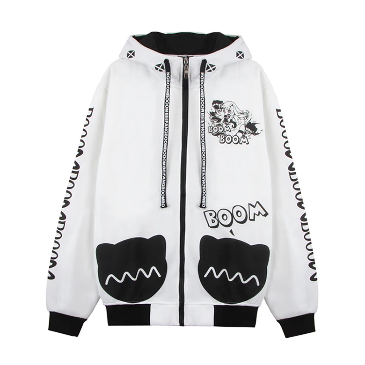 Japanese game factory custom Kantai Collection pattern print white autumn and winter long sleeve hooded zipper jacket OEM