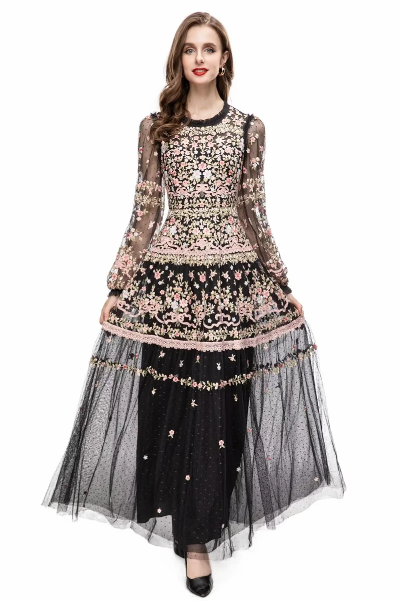 Top Quality New 2024 Spring Long Wedding Party Women Dresses Allover Luxurious Embroidery Long Sleeve Pink Black Maxi Gown Dress