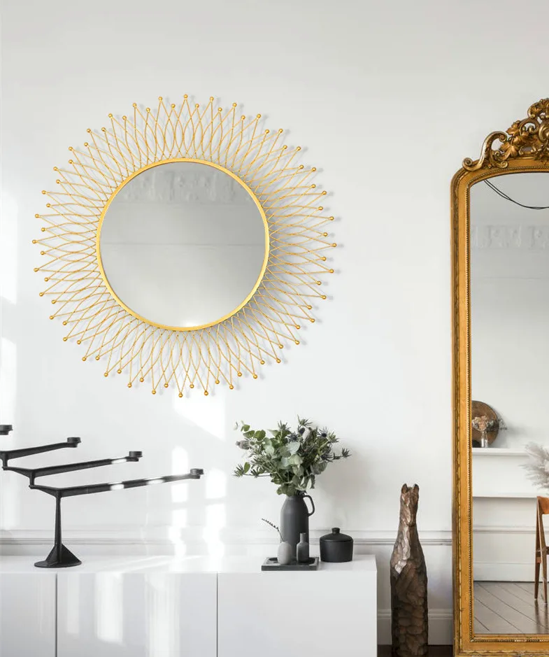 Fireplace and Cabinet Above 3D Metal Mirror Wall Hanging Artware Decoration