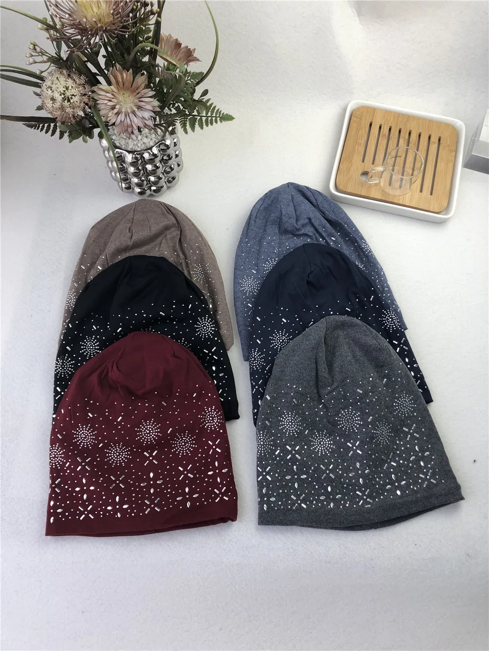 Women Winter Faux Fur Lined Jersey Rhinestones Studded Beanie Muslim Israeli Thick Pattern Print Slouchy Hat with Stones