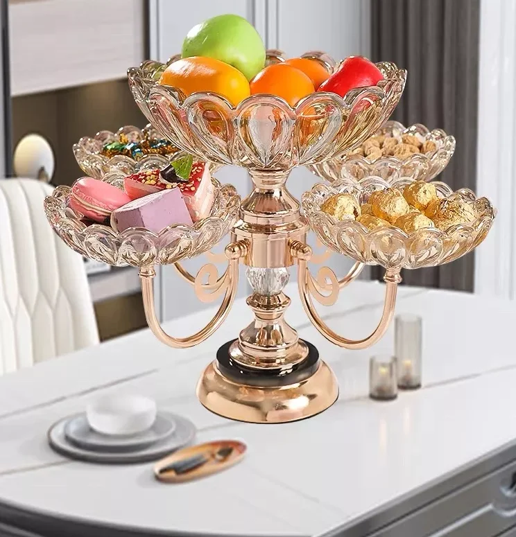 Classic Quality Luxury Creative Glass Dried Fruit Candy Plate 2-layer metal tray
