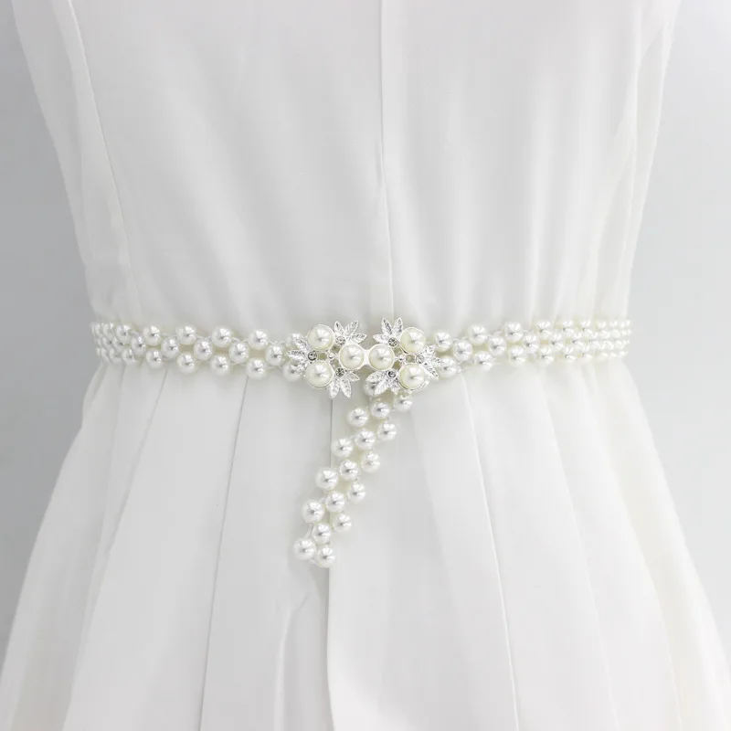Lady Rhinestone Pearl Waist Chain Fashion Dress Decorate High Elastic Belt Female Sweet Flower Waistband