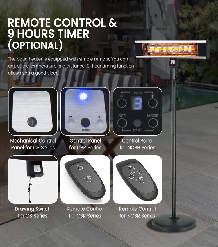 OEM New Products 1800W IP44 Round Glass Design Portable Electric Quartz Standing Heater